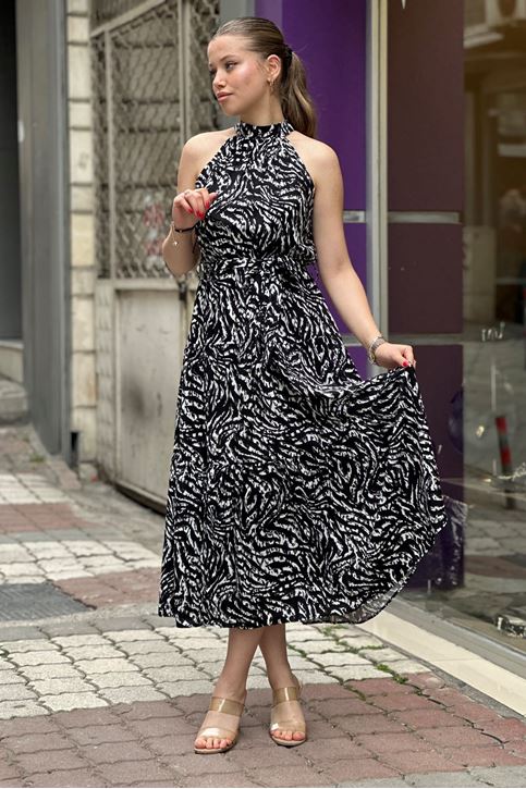 Halter Yaka Nokta Desenli Midi Boy Elbise-Siyah