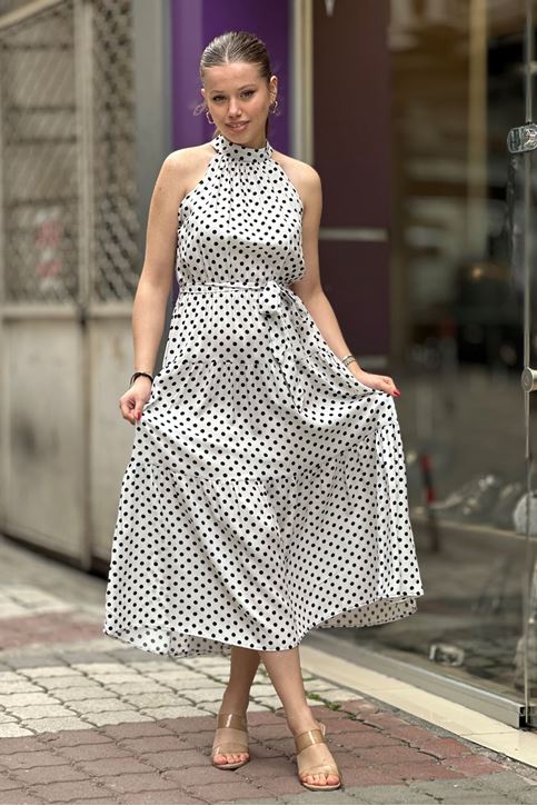 Halter Yaka Puantiye Desenli Midi Boy Elbise-Beyaz