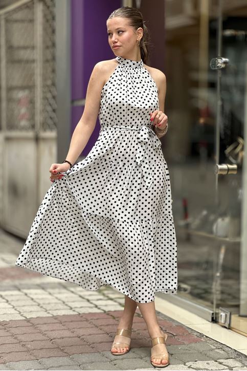 Halter Yaka Puantiye Desenli Midi Boy Elbise-Beyaz