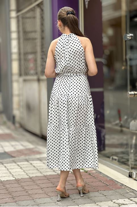 Halter Yaka Puantiye Desenli Midi Boy Elbise-Beyaz