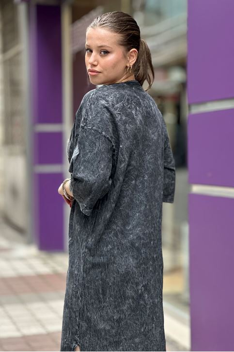 Yuvarlak Yaka Ön Min Taş Detaylı Taşlamalı Elbise-Füme