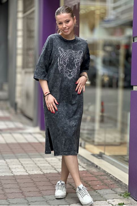 Ön Kaplan Taş Detay Taşlamalı Yırtmaçlı Elbise-Füme