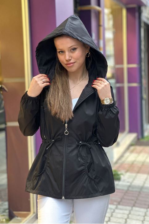 Bel Büzgü Detay Kapşonlu Yağmurluk-Siyah