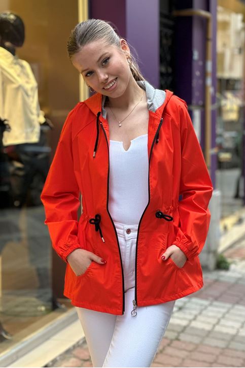 Bel Büzgü Detay Kapşonlu Yağmurluk-Turuncu