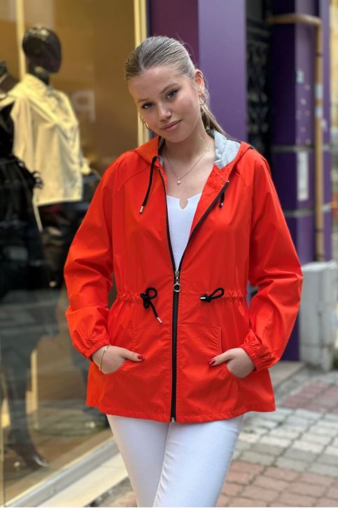 Bel Büzgü Detay Kapşonlu Yağmurluk-Turuncu