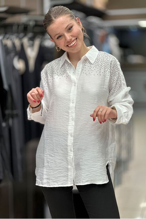 Omuzları Ve Sırtı Taş Detay Keten Salaş Gömlek-Beyaz