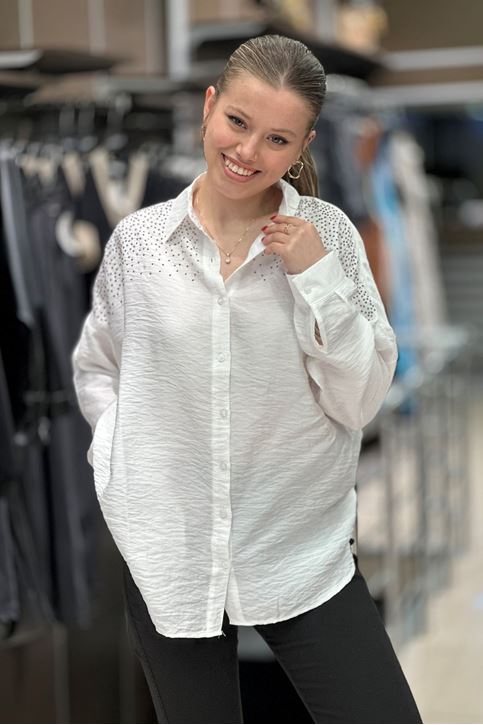 Omuzları Ve Sırtı Taş Detay Keten Salaş Gömlek-Beyaz