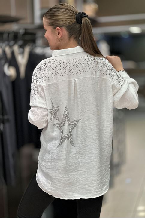 Omuzları Ve Sırtı Taş Detay Keten Salaş Gömlek-Beyaz