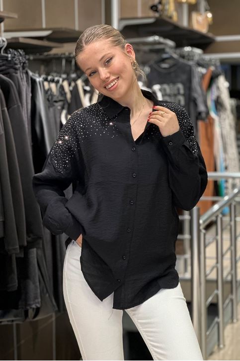 Omuzları Ve Sırtı Taş Detay Keten Salaş Gömlek-Siyah