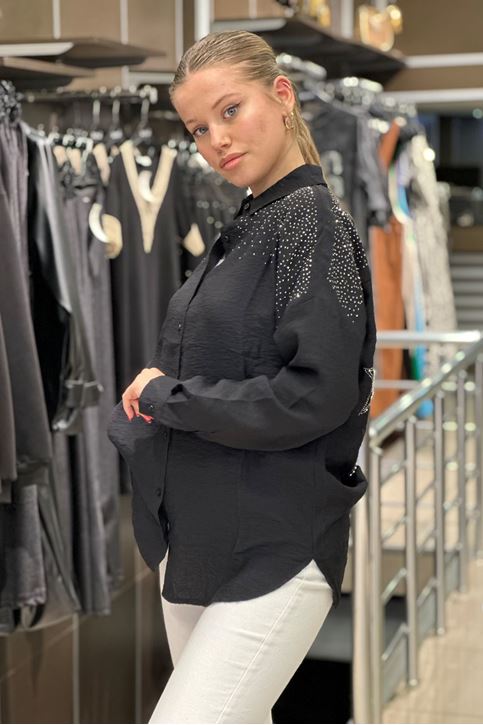 Omuzları Ve Sırtı Taş Detay Keten Salaş Gömlek-Siyah