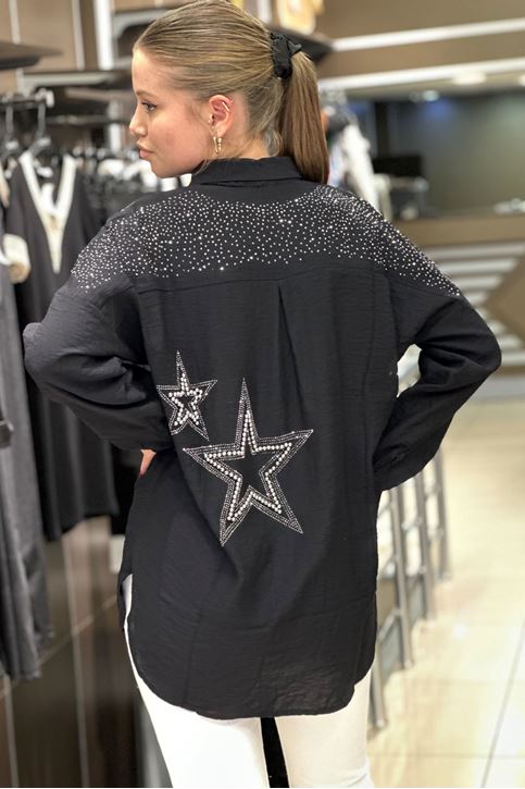 Omuzları Ve Sırtı Taş Detay Keten Salaş Gömlek-Siyah