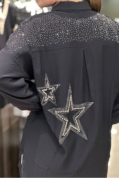 Omuzları Ve Sırtı Taş Detay Keten Salaş Gömlek-Siyah