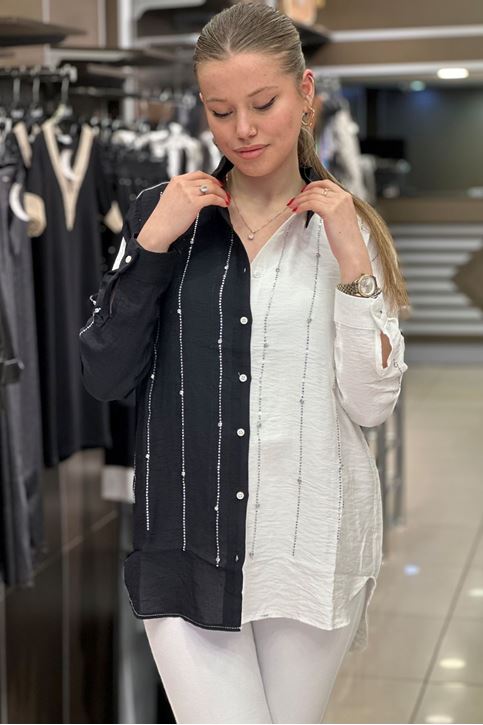 Çift Renk Taş Detay Salaş Gömlek-Siyah Beyaz