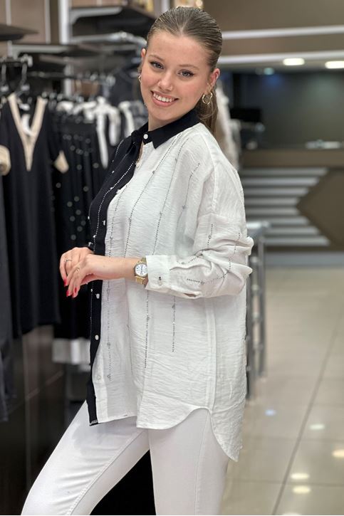 Çift Renk Taş Detay Salaş Gömlek-Siyah Beyaz