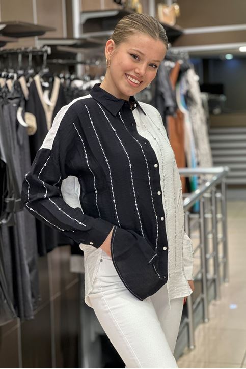 Çift Renk Taş Detay Salaş Gömlek-Siyah Beyaz