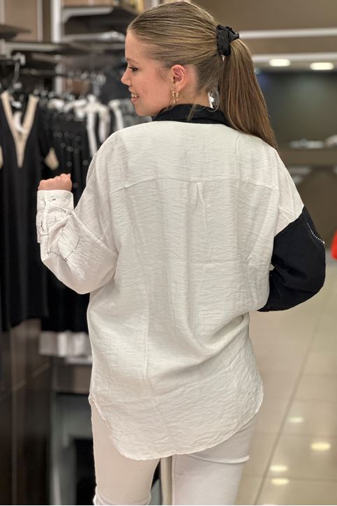 Çift Renk Taş Detay Salaş Gömlek-Siyah Beyaz