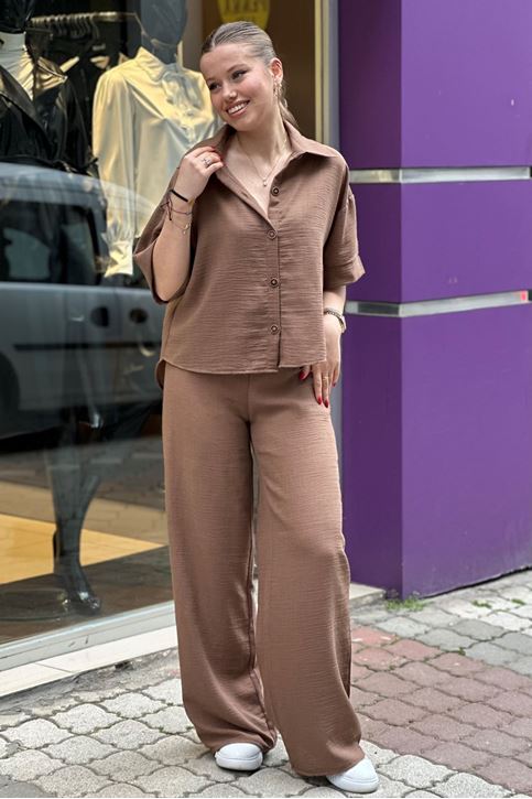 Kısa Kol Gömlekli Bol Paça İkili Takım-Taba