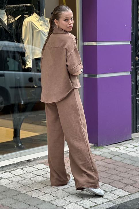 Kısa Kol Gömlekli Bol Paça İkili Takım-Taba