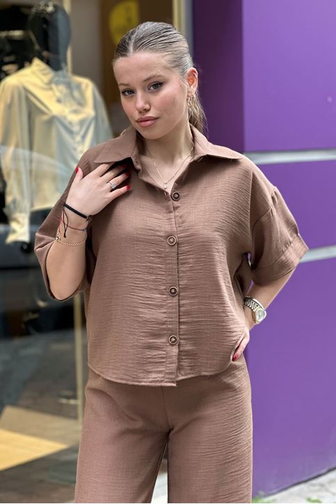 Kısa Kol Gömlekli Bol Paça İkili Takım-Taba