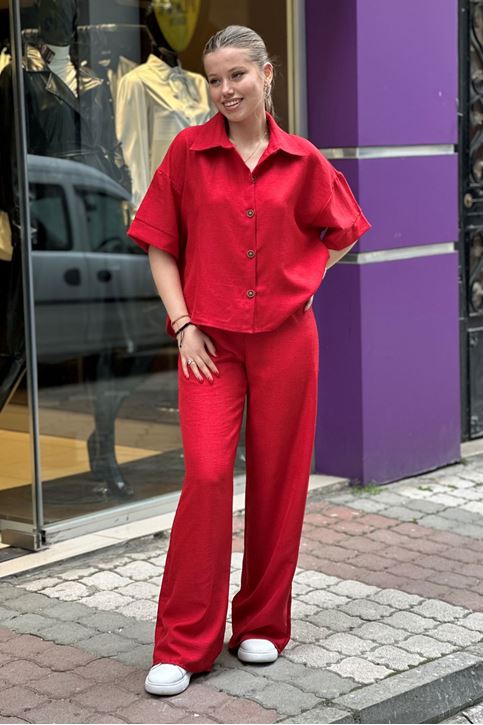 Kısa Kol Gömlekli Bol Paça İkili Takım-Kırmızı