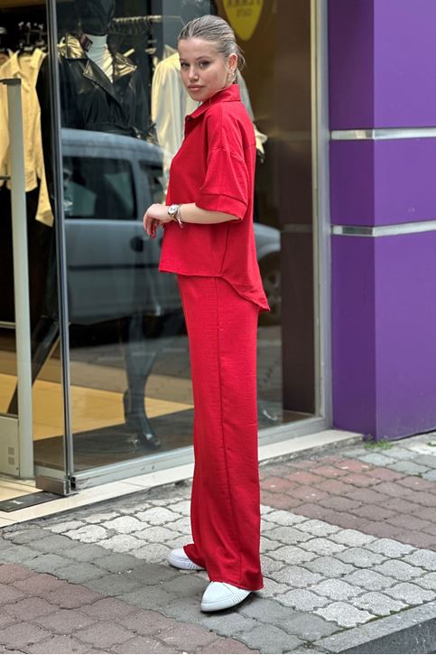 Kısa Kol Gömlekli Bol Paça İkili Takım-Kırmızı