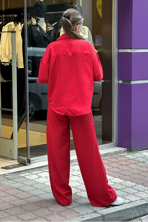 Kısa Kol Gömlekli Bol Paça İkili Takım-Kırmızı