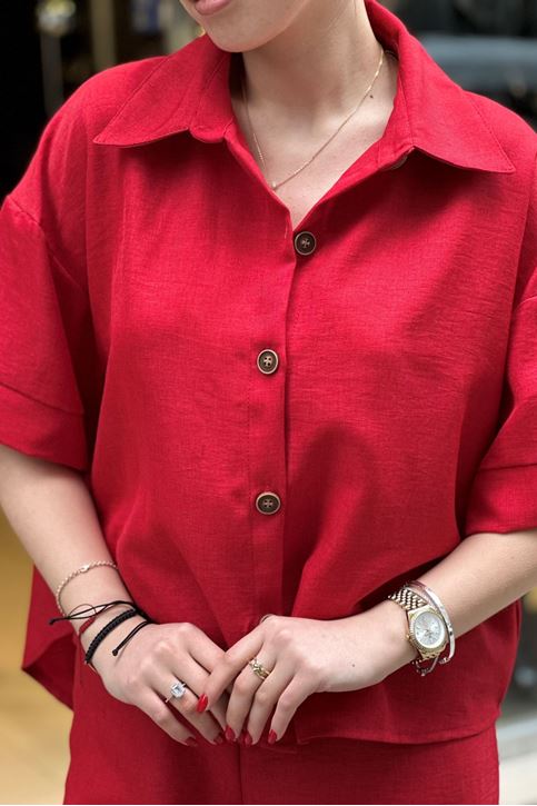 Kısa Kol Gömlekli Bol Paça İkili Takım-Kırmızı