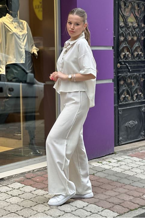 Kısa Kol Gömlekli Bol Paça İkili Takım-Krem