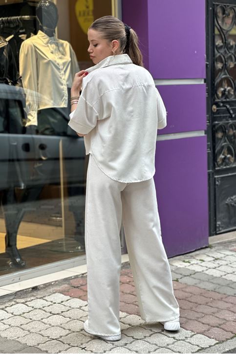 Kısa Kol Gömlekli Bol Paça İkili Takım-Krem