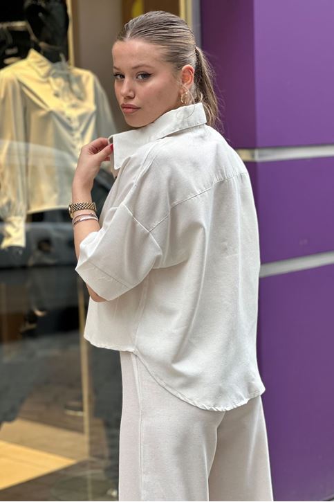 Kısa Kol Gömlekli Bol Paça İkili Takım-Krem