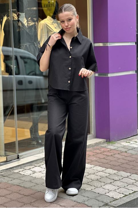 Kısa Kol Gömlekli Bol Paça İkili Takım-Siyah