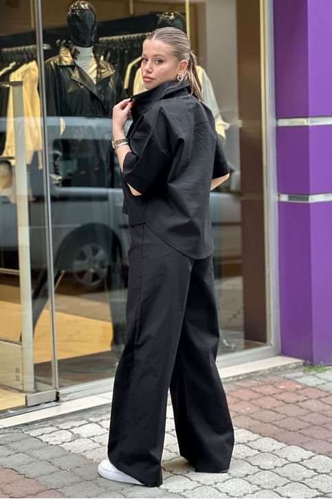 Kısa Kol Gömlekli Bol Paça İkili Takım-Siyah