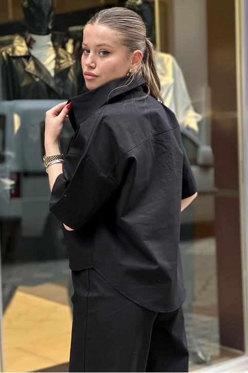 Kısa Kol Gömlekli Bol Paça İkili Takım-Siyah