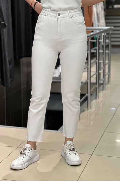 Yüksek Bel Lazer Kesim Likralı Jean-Beyaz