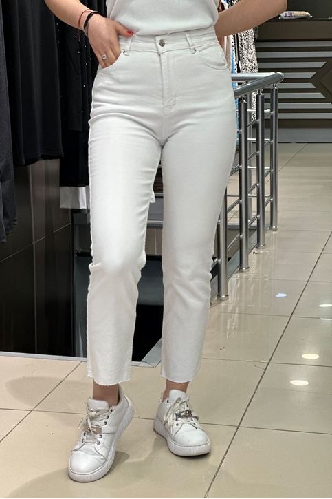 Yüksek Bel Lazer Kesim Likralı Jean-Beyaz