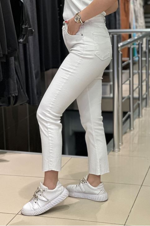 Yüksek Bel Lazer Kesim Likralı Jean-Beyaz