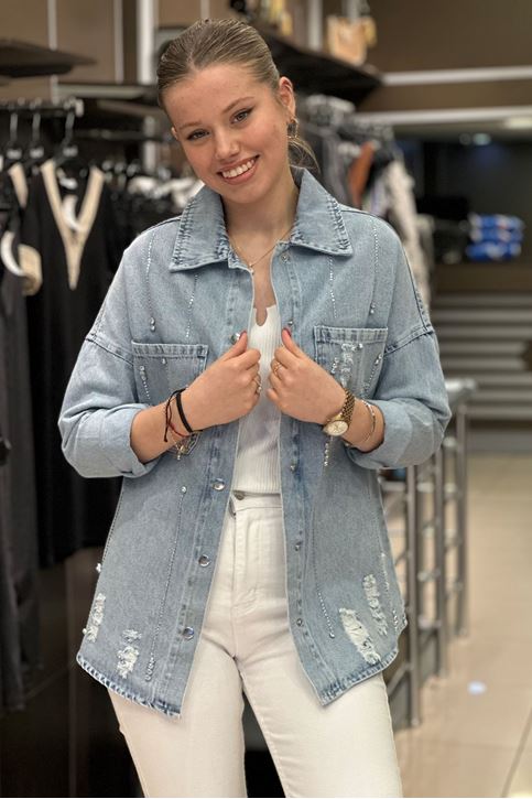 Taş Lazer Kesim Detay Kot Gömlek-Mavi