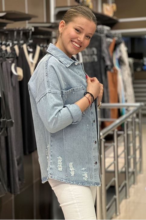 Taş Lazer Kesim Detay Kot Gömlek-Mavi