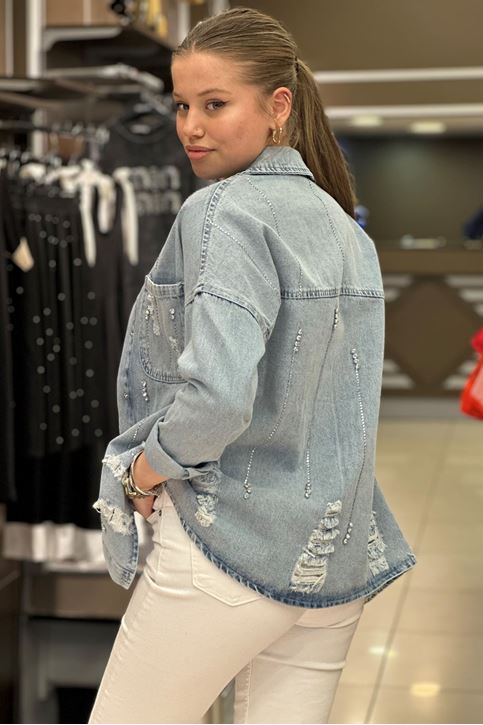 Taş Lazer Kesim Detay Kot Gömlek-Mavi