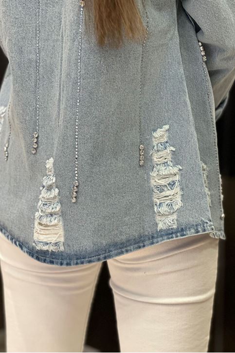 Taş Lazer Kesim Detay Kot Gömlek-Mavi