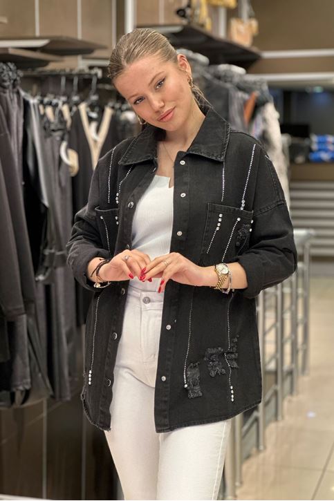 Taş Lazer Kesim Detay Kot Gömlek-Siyah