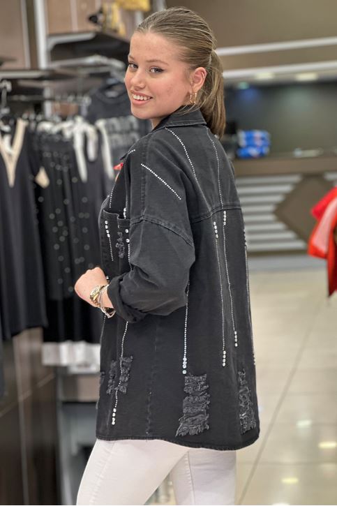 Taş Lazer Kesim Detay Kot Gömlek-Siyah