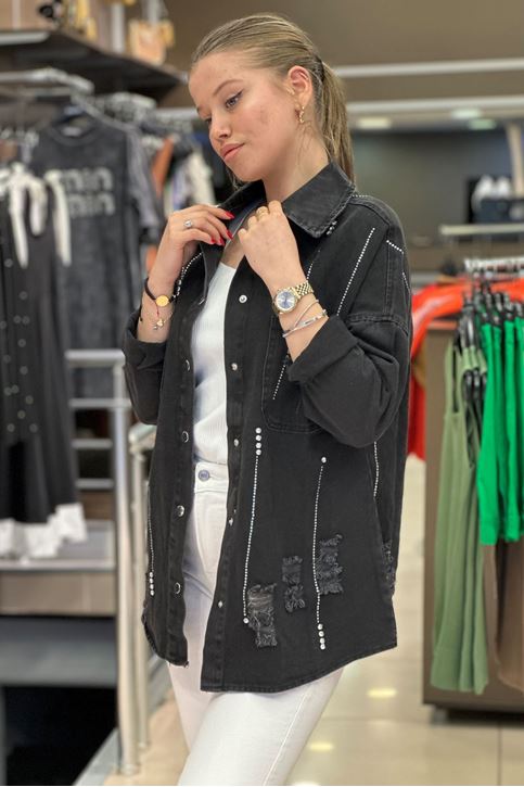 Taş Lazer Kesim Detay Kot Gömlek-Siyah