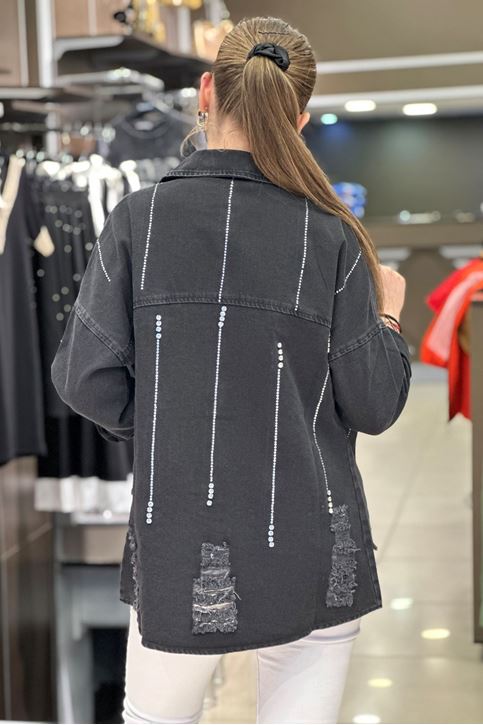 Taş Lazer Kesim Detay Kot Gömlek-Siyah