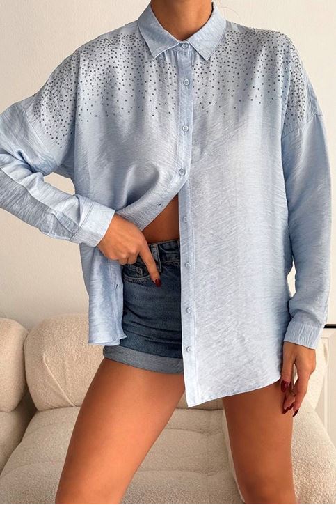 Omuzları Ve Sırtı Taş Detay Keten Salaş Gömlek-Bebemavi