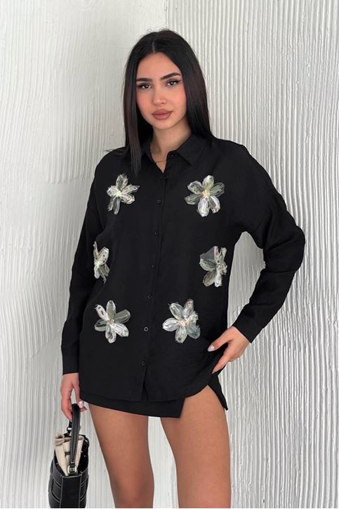 Çiçek Tül Detay Keten Salaş Gömlek-Siyah