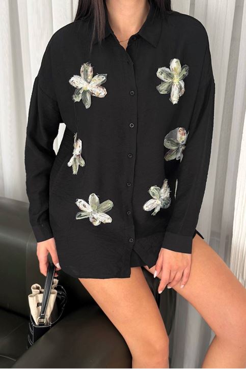 Çiçek Tül Detay Keten Salaş Gömlek-Siyah