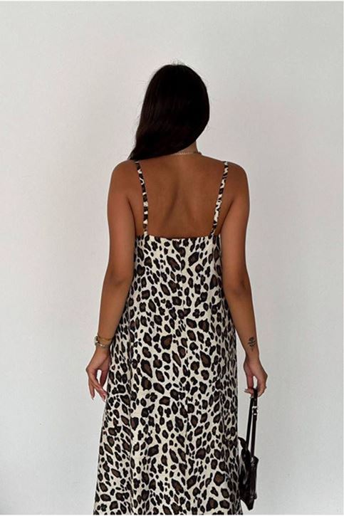 Askısı Ayarlanabilir Ön Arka V Yaka Leopar Desen Elbise-Krem