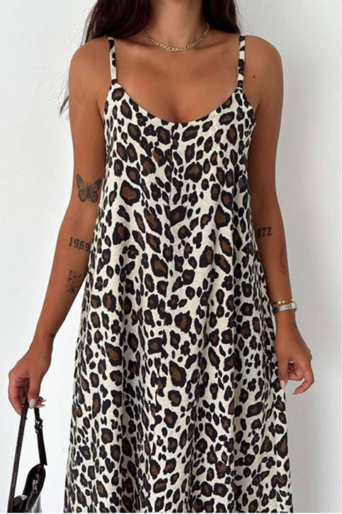 Askısı Ayarlanabilir Ön Arka V Yaka Leopar Desen Elbise-Krem