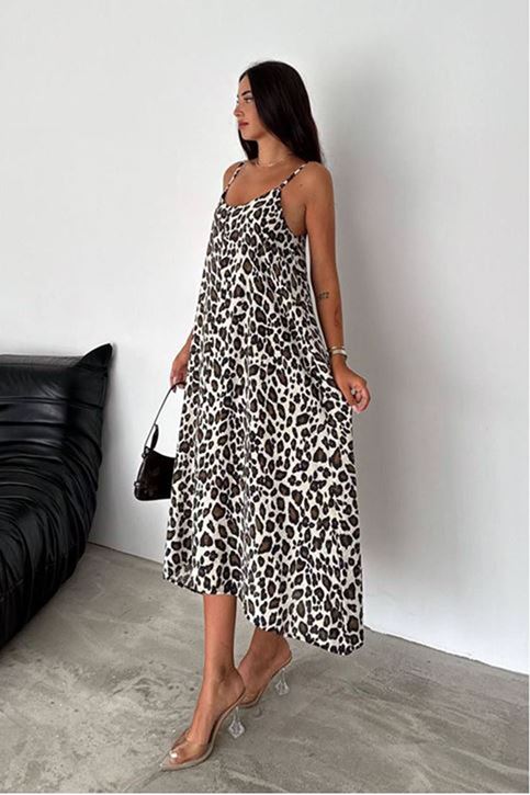 Askısı Ayarlanabilir Ön Arka V Yaka Leopar Desen Elbise-Krem